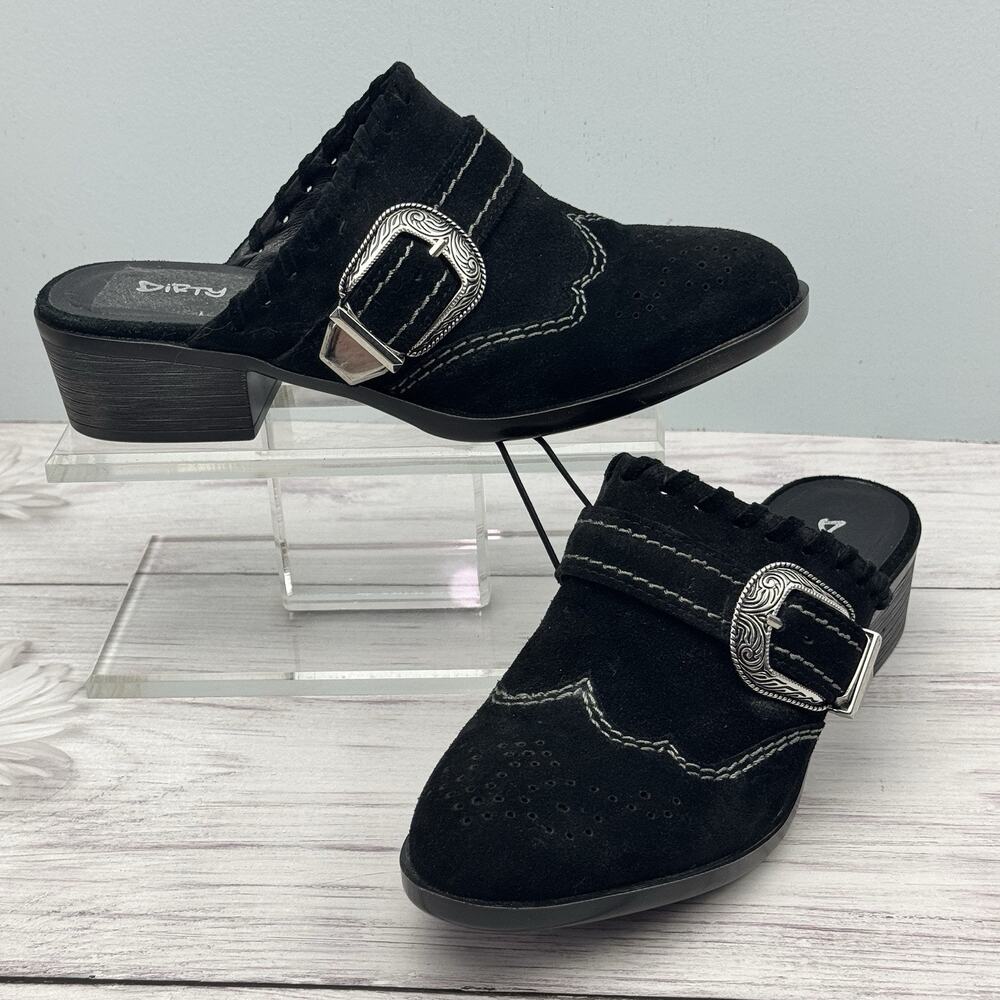 Dirty Laundry Waltz Mule Heels Womens Sz 7 Western Slip-On‎ Black Suede Cowgirl